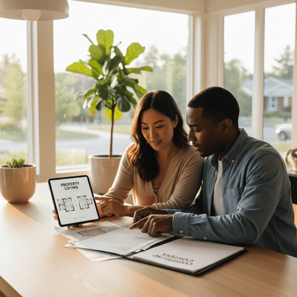 Homeowner reviewing property offer on tablet in living room