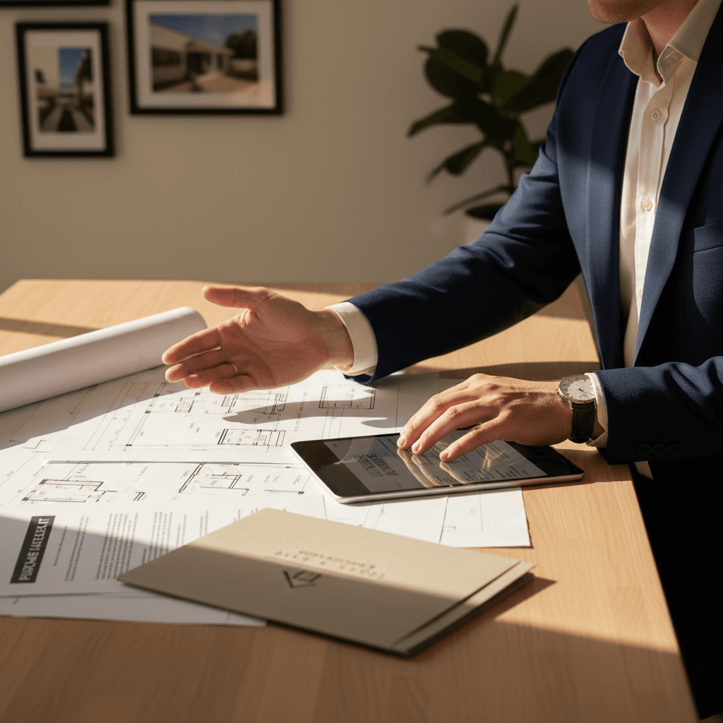 Professional home buyer reviewing property offer