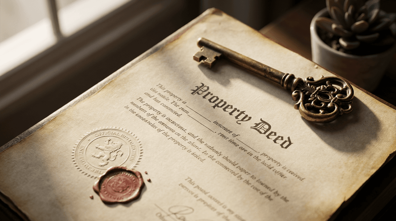 Overhead view of property deed document with brass key and plant on cream paper